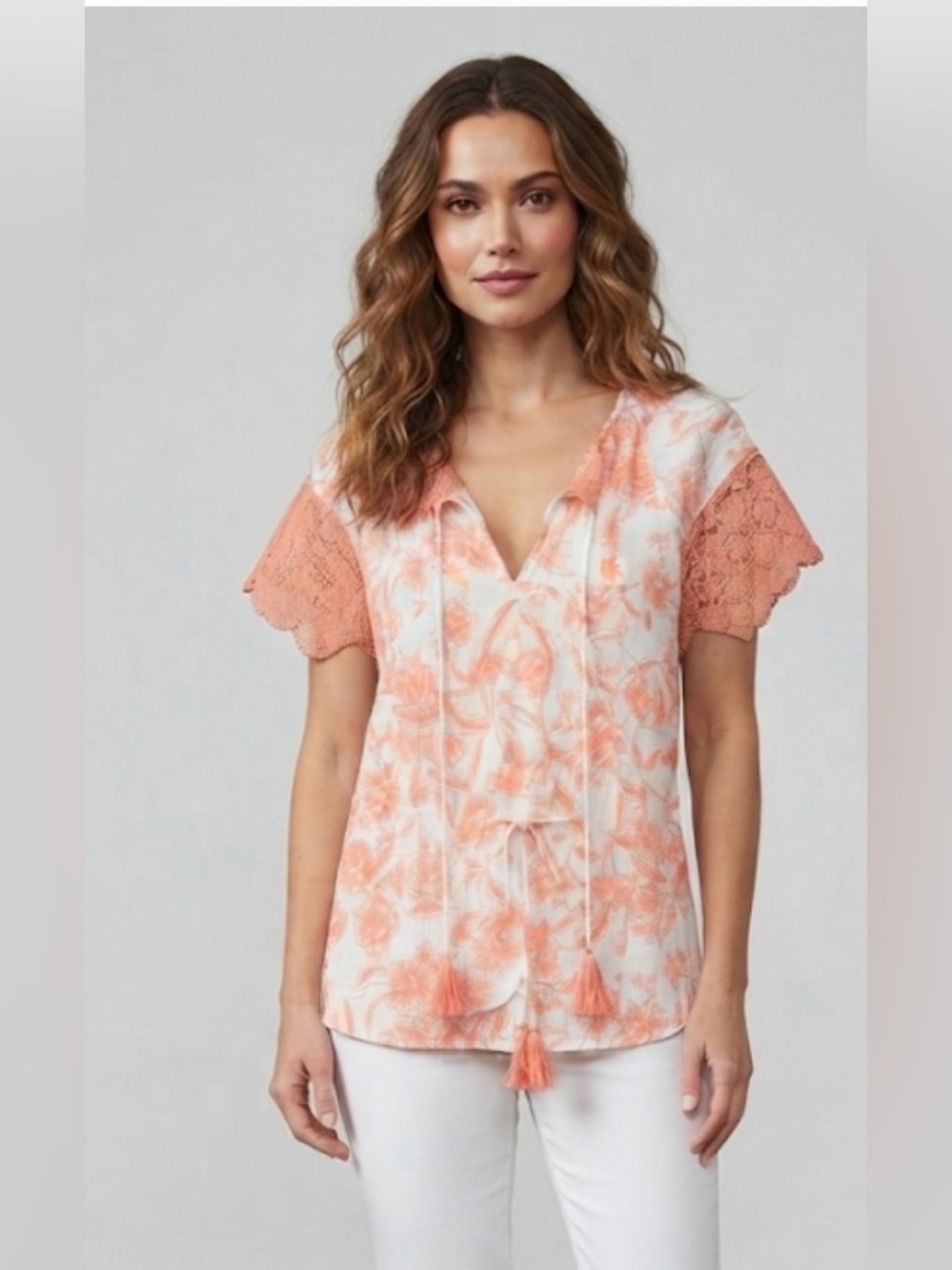 Como Blu Floral Tie-Neck Crochet Sleeve Top in Coral